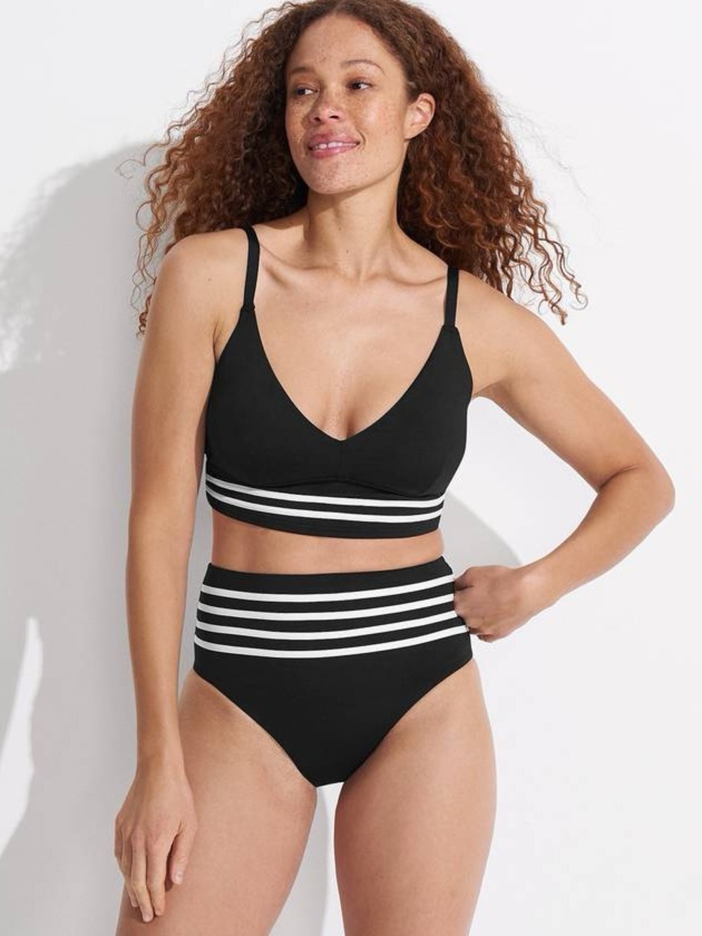 Lands' End Black and White Striped High-Waist Bikini Set Size 14